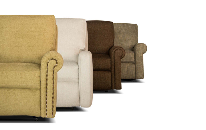 Smith Brothers recliners in various fabric options - gold, white, brown, and tan