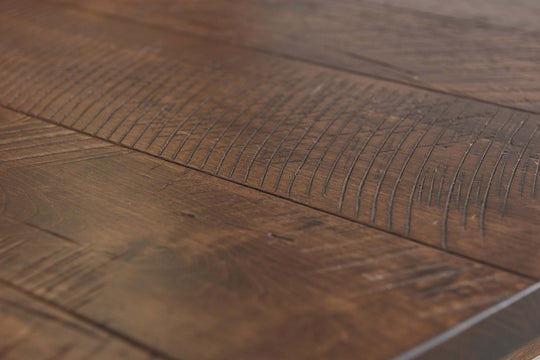 Closeup of Amish hardwood table with dark brown stain and wood grain details