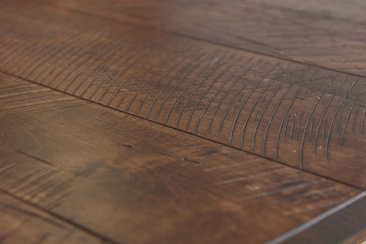 Closeup of Amish hardwood table with dark brown stain and wood grain details